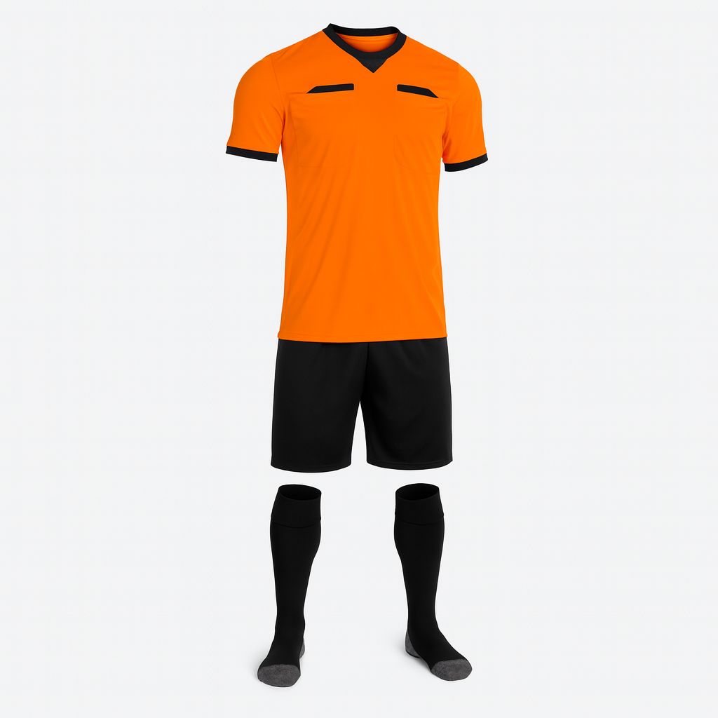 Men Respect Custom Refere Soccer Jersey, Orange, Black Short and Socks