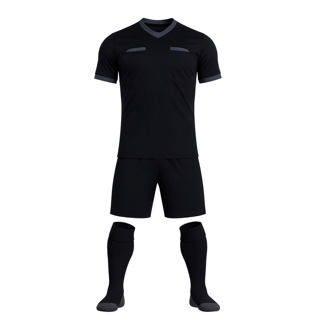 Men Respect Custom Referee Soccer Jersey, Black, Black Short and Socks