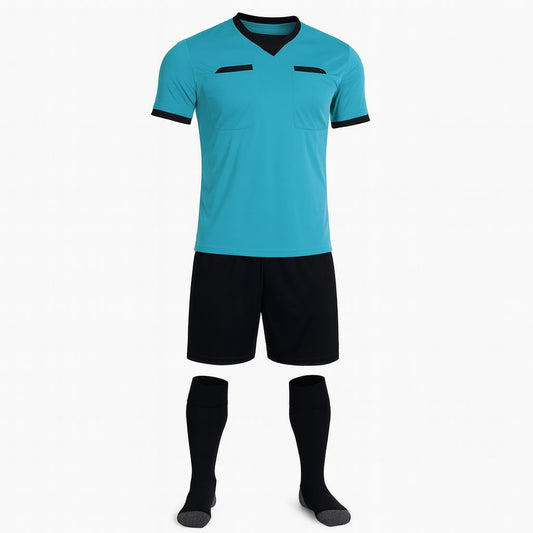 Men Respect Custom Referee Soccer Jersey, Fluorescent Turquoise, Black Short and Socks
