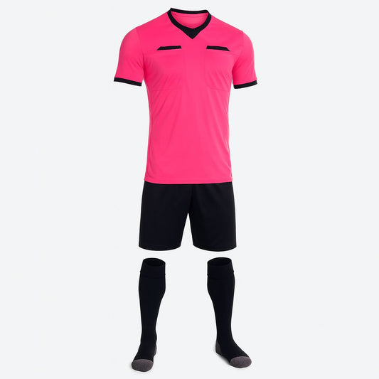 Men Respect Custom Referee Soccer Jersey, Pink Flour, Black Short and Socks